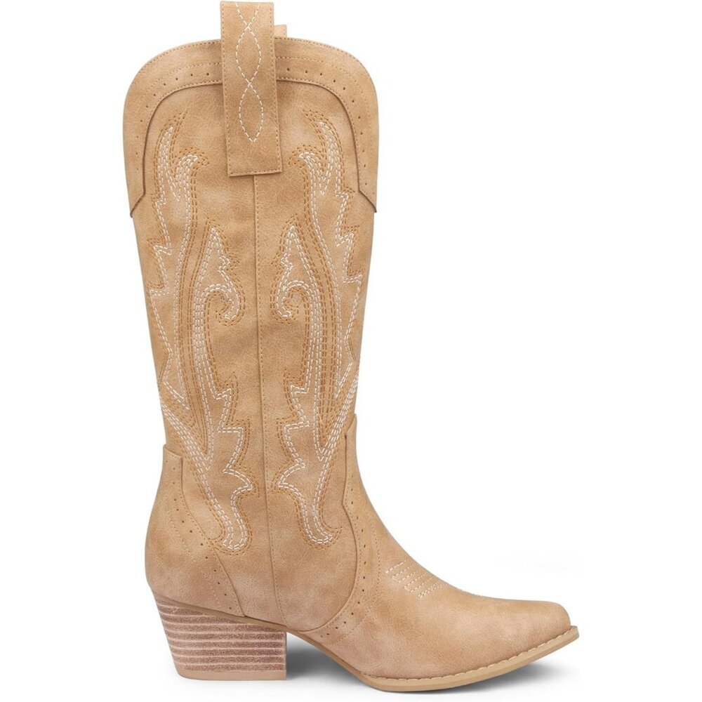 Women Synthetic Tan Boots Mid-calf Pointy Toe Chunky Heels Embroidered Boot - Picture 2 of 9